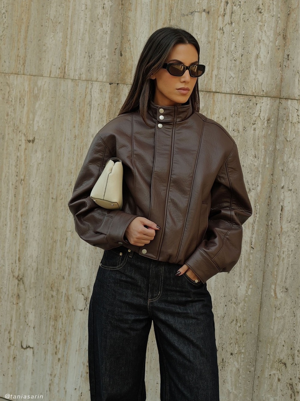Meshki Curtis Faux Leather Bomber Jacket Dark Chocolate XS Boxy Zip